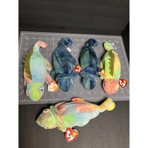 Ty Beanie Baby 1997 Lizard Chameleons 3 Rainbow and 2 Iggys with tags Lot Of 5